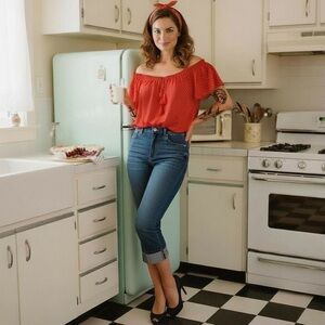 Vintage Cherry Red & White Polka Dot Blouse Shirred Scoop Neck Top Tassel Ties M